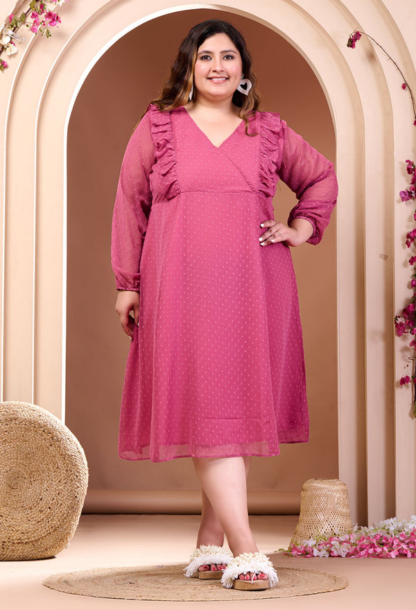 Plus Size Pink Frill Georgette Midi Dress