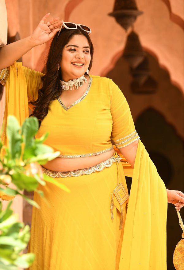 Plus Size Bright Yellow Mirror Lehenga Choli with Dupatta