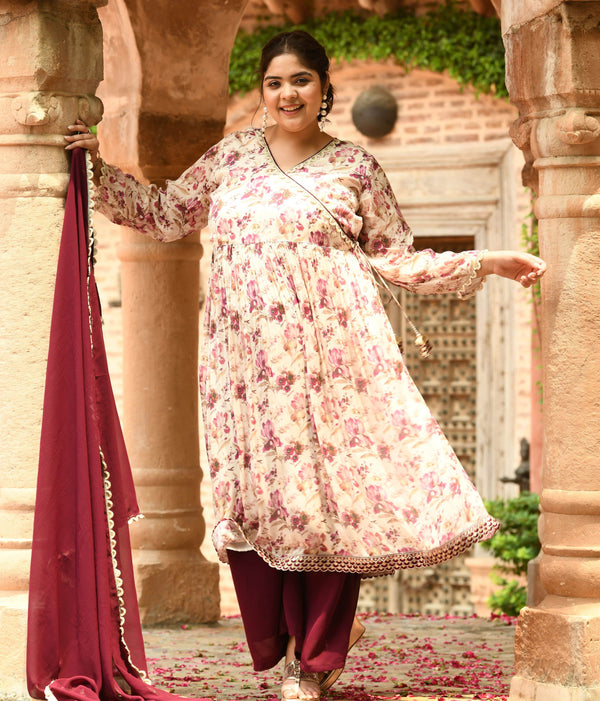 Plus Size Pure Chinon Wine Angrakha with Georgette Sharara and Dupatta